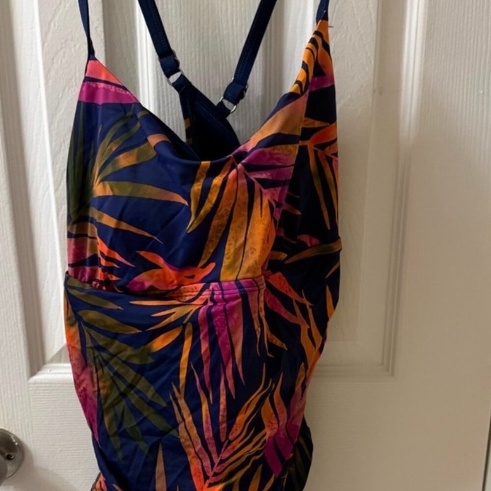 Time and Tru Navy and Orange Tropical One Piece Swimsuit